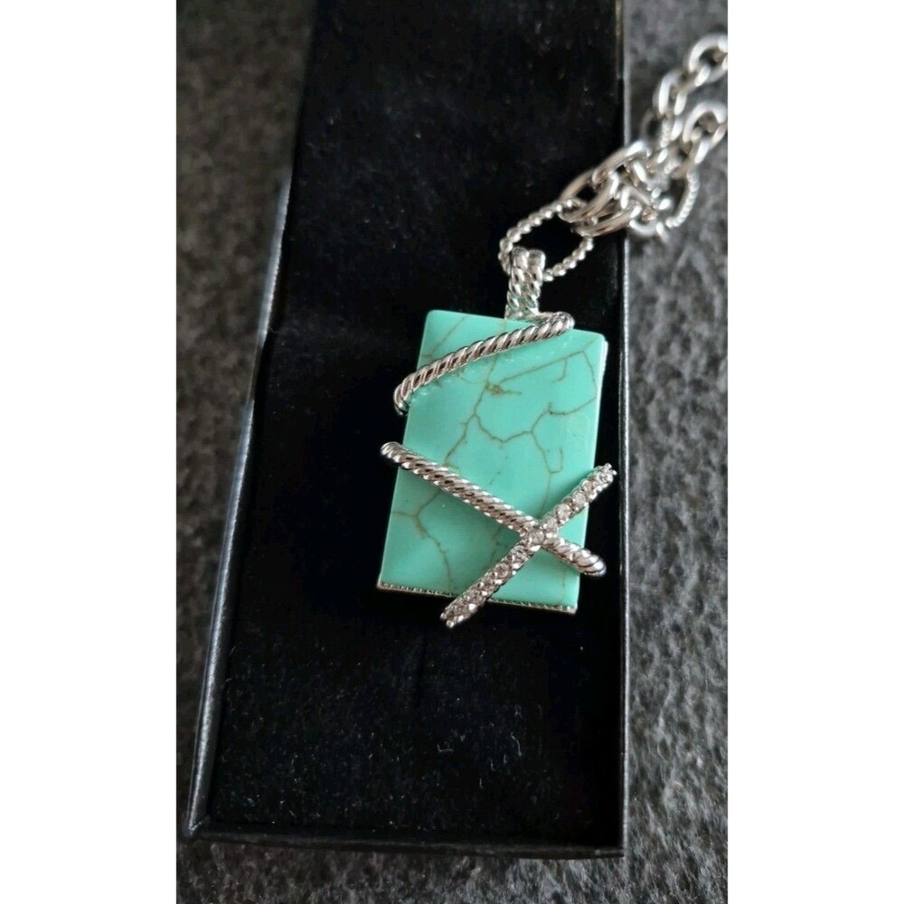 Wrapped Turquoise Marble Rectangular Pendant Silv… - image 2